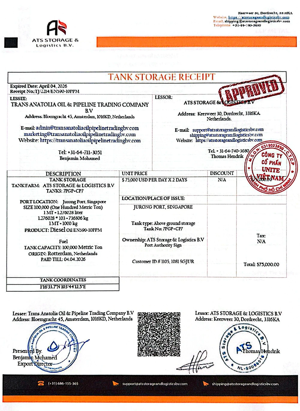 Tank Storage Receipt